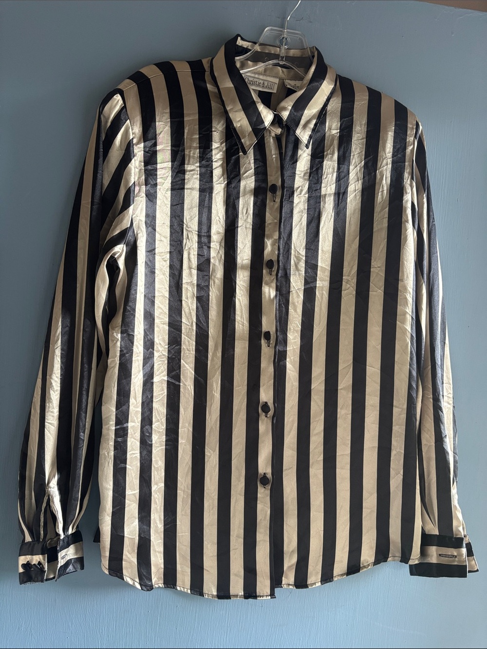 Women’s Vertical Stripe Satin Button-Down Shirt - Black & Cream blouse